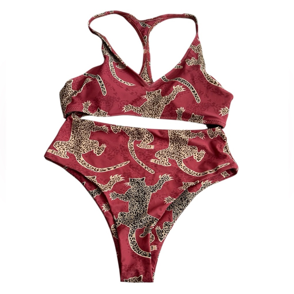 High-Waist Leopard Print Bikini Set - Burgundy